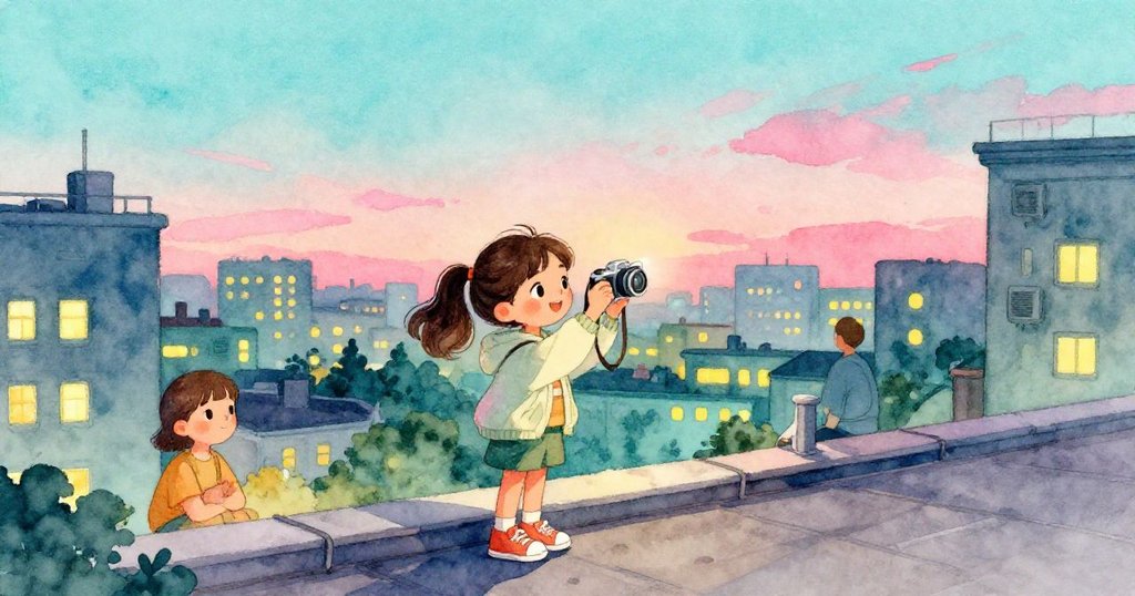 Mila與鄰居在夜幕露台重逢，共同欣賞剛拍下的美麗夜景與小蝾螈畫面，臉上洋溢著溫馨與喜悅。