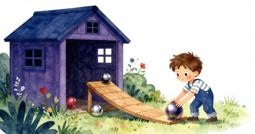 米洛在明亮背景中剪影,於花園棚旁放置木板築斜坡,展現創意與冒險開端,神情專注快樂。