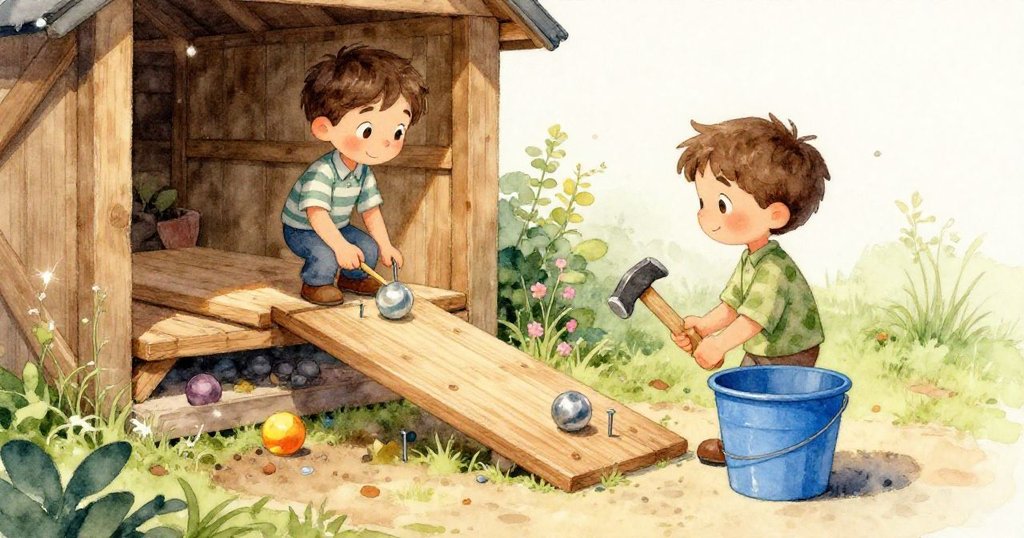 米洛專注用輕木錘敲打釘子,近拍展現他小手與顫動木板,紅螞蟻領隊散開,充滿細膩創作氛圍。