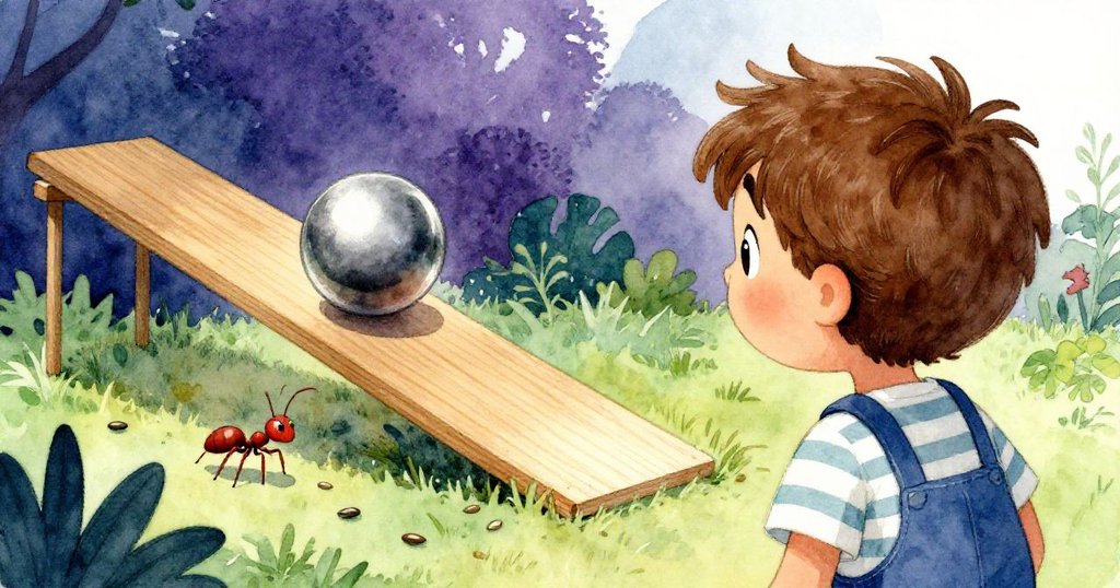 從米洛背後看,他注視著斜坡偏移與彈珠彈跳,紅螞蟻奮力前行,展現驚奇與生活動態。