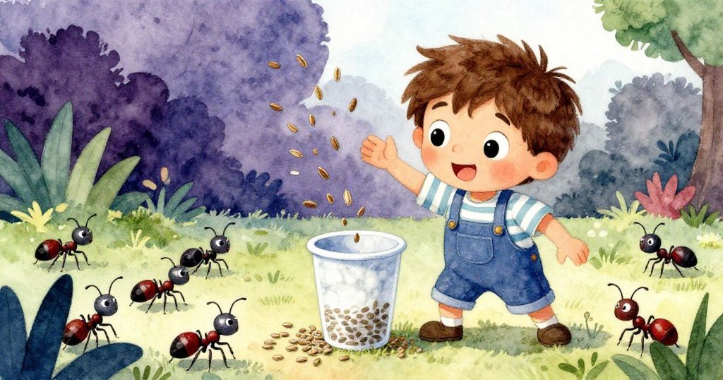 彈珠撞擊塑膠杯使種子四散,螞蟻忙亂奔散,米洛注視著這充滿活力與戲劇性的小花園。