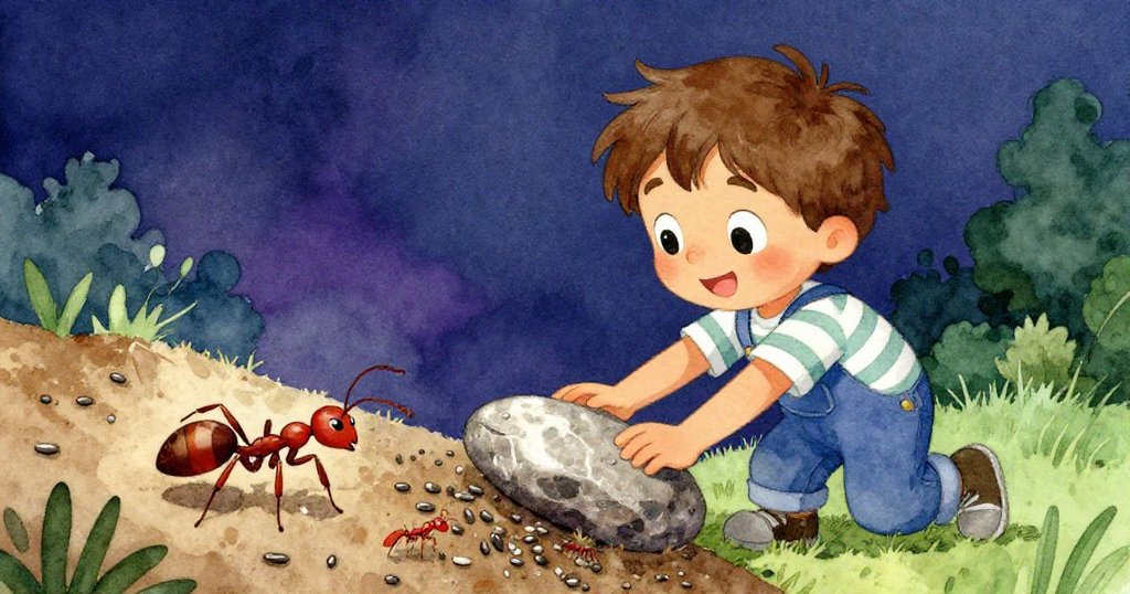 米洛滿心喜悅看著紅螞蟻攀上種子小山,並放置平石穩定斜坡,展現創意解決問題的瞬間。