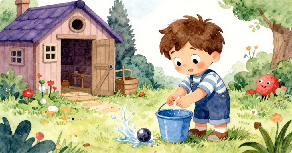 米洛滿足地擦手,斜坡穩固彈珠入藍桶,水花及種子灑落青草,庭園棚門緩閉展平和結局。