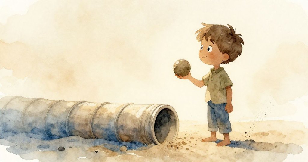 山姆在溫暖光線下站立，手持小球，靠近管狀物，背景沙地微微起風，眼中充滿好奇與期待