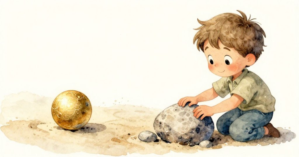 球體在沙地上滾動遇到尖銳石頭停下，山姆輕觸石頭調整位置，畫面分成並列兩部分呈現動態與細節