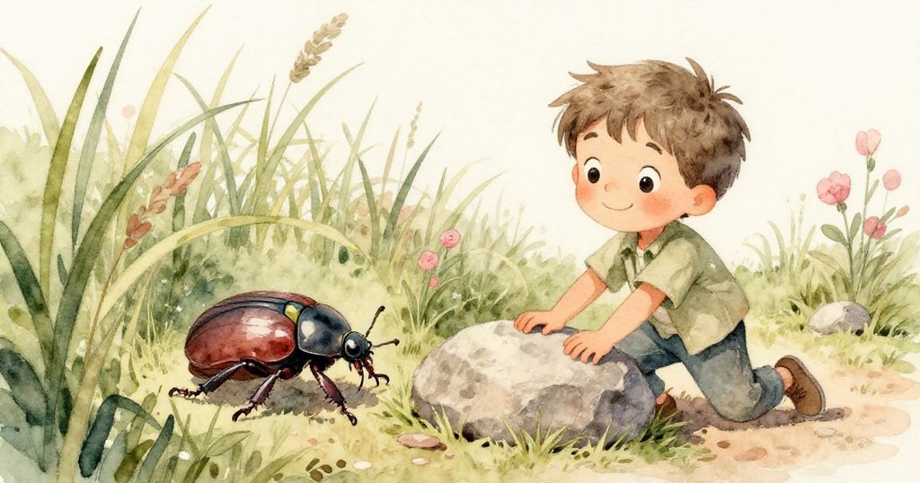 山姆笑著輕推石頭，一隻大甲蟲從石後爬出，甲殼發出清脆聲，隨後進入翠綠草叢，溫馨自然場景