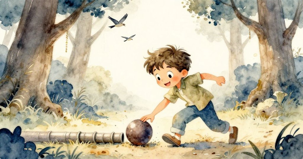 山姆充滿活力地再次推動小球，球從管中快速滾出，鳥鳴聲回響在樹梢，動感場面令人興奮