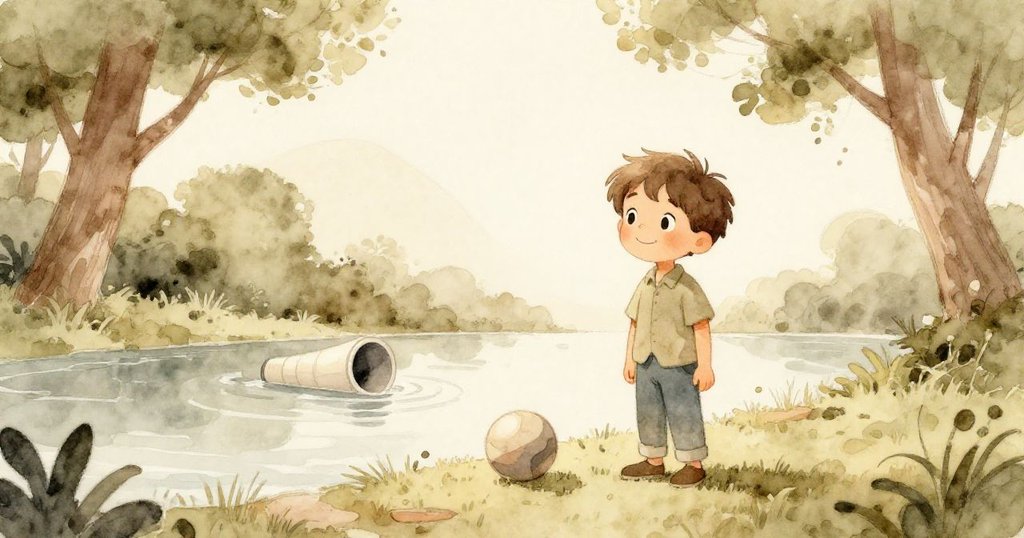 山姆在樹蔭下滿意微笑，安靜的管狀物中小球穩妥停留，整體環境散發著寧靜與溫馨的自然美