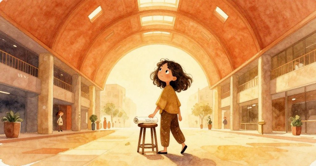 Mara進入宏偉候車大廳,懷抱椅子和畫冊,暖色天窗映照空間,流露期待與輕快情緒。