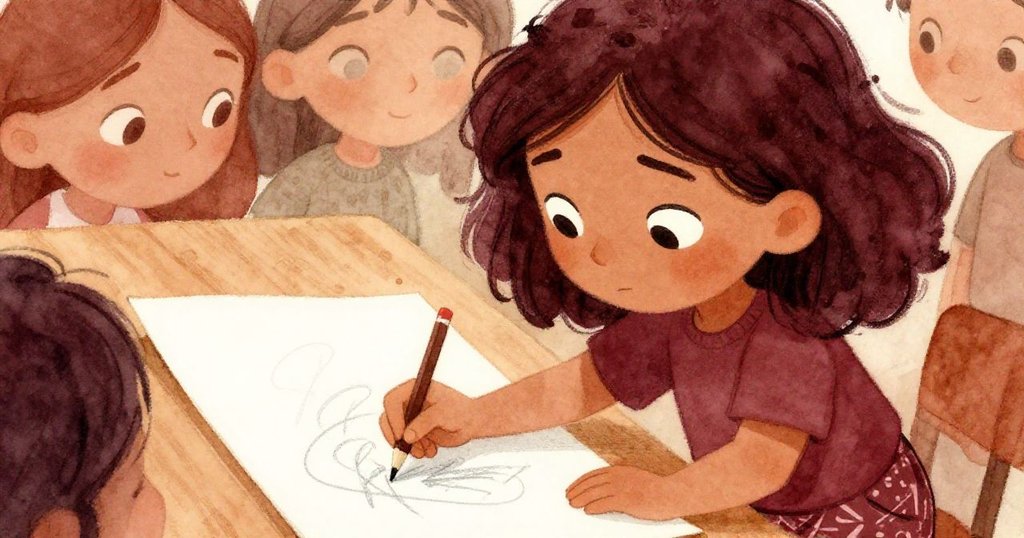 Mara專注坐著翻開畫冊,用石墨鉛筆勾勒線條,臉上映出認真與期待,背景淡雅光影。