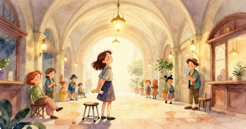 從Mara視角看拱形天花板,天空光線透過玻璃形成變幻圖案,激發藝術靈感與細膩描繪。