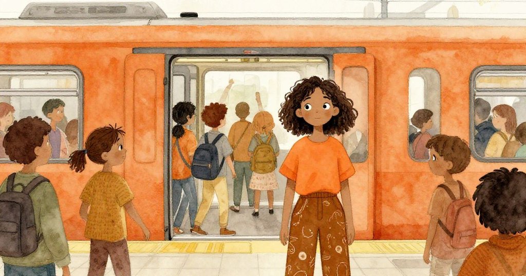 火車門打開,人群匆匆,Mara於候車大廳中沉浸在素描創作中,感受都市動態與溫暖光線。