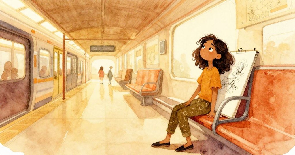 夕陽餘暉中,Mara滿意回望完成的畫作,溫暖燈光映照出都市美感與藝術融合的和諧景象。