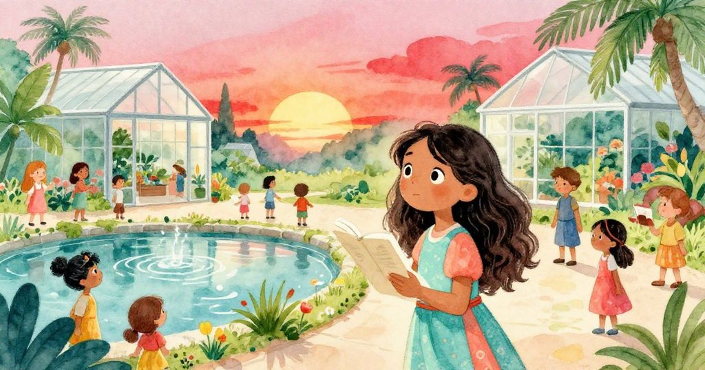 瑪雅走在溫室內，攜帶畫冊與眾遊客欣賞彩色池塘，天空燃燒著緋紅夕陽，神情堅定充滿期待