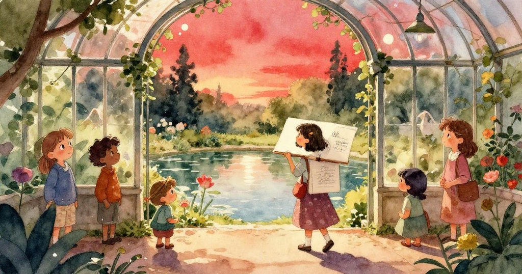 瑪雅專注握筆，按壓翻飛紙張，暖光照射下散落鉛筆映襯溫室內堅定創作情景