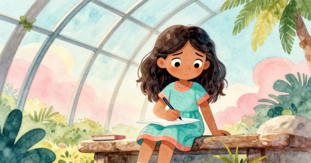 從低角度看瑪雅在傾斜石凳上作畫，玻璃屋頂反光映出她微妙失落與堅持之情