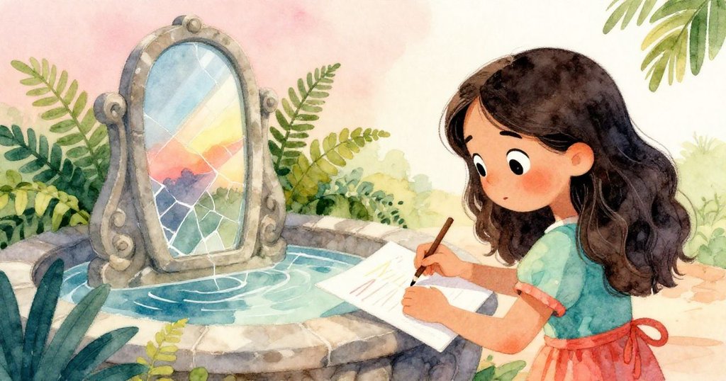 從高處視角看瑪雅於石泉邊調整畫作，鏡中夕陽與蕨葉交織出斑駁光影，神情專注