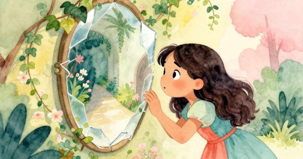 瑪雅驚喜發現隱蔽花園，透過破碎鏡縫見藤蔓與蒼白花朵，表情滿溢好奇與驚嘆