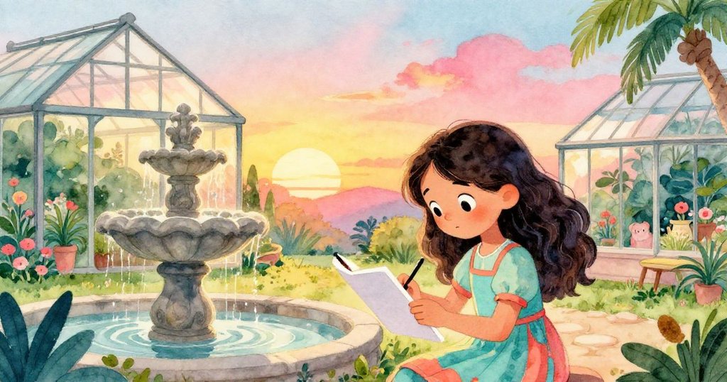 夕陽下瑪雅溫柔關上畫冊，石泉映出綠意和暖光，溫馨場景傳遞創作完成的滿足感