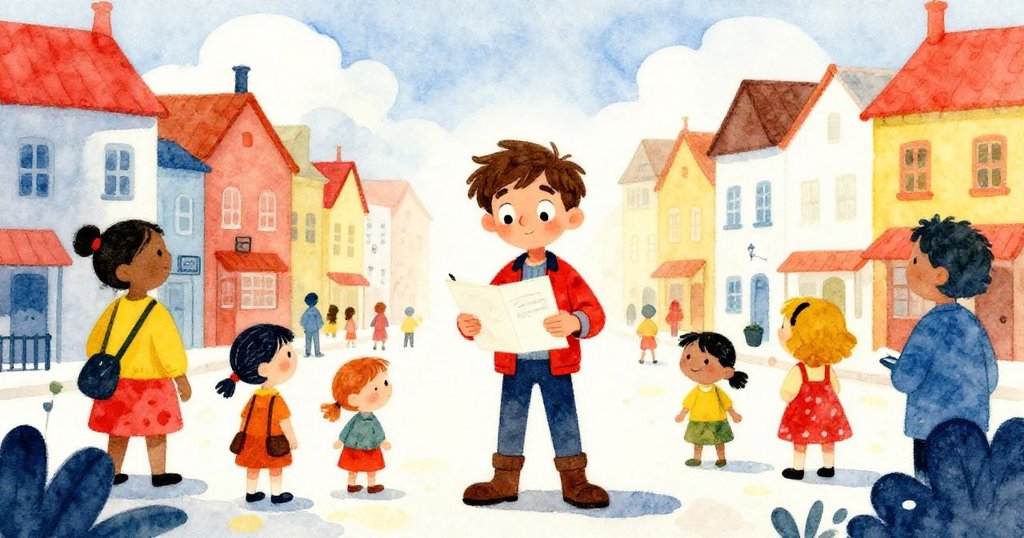 米洛踏入熱鬧市集廣場，手持大幅速寫本，微笑觀望流水噴泉，雲天低垂，充滿好奇與期待。