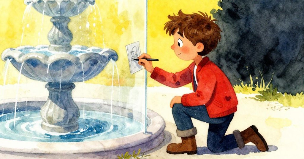 米洛專注於觀察玻璃背後流水噴泉的倒影，速寫本上刻畫出奇妙扭曲圖像，流露出驚喜與創意。