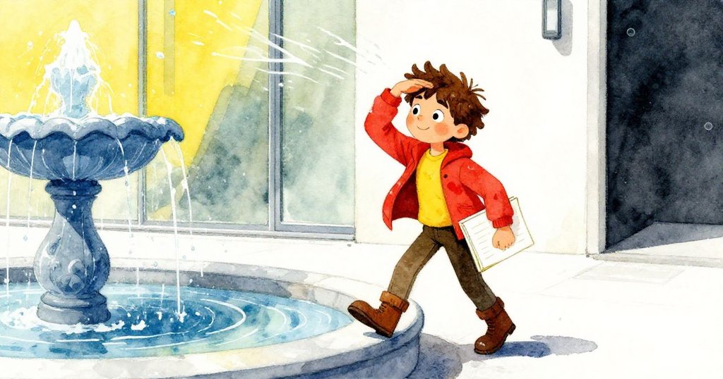 米洛沿著噴泉邊緣前行，用前臂保護速寫本，動態捕捉水流變幻，充滿好奇與探索精神。