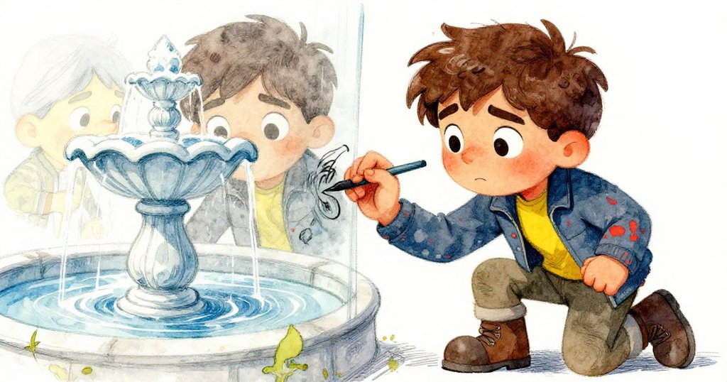 米洛專注筆觸描繪噴泉及其倒影，表情堅定，手中鉛筆靈動演繹創意決定，流露熱忱情感。