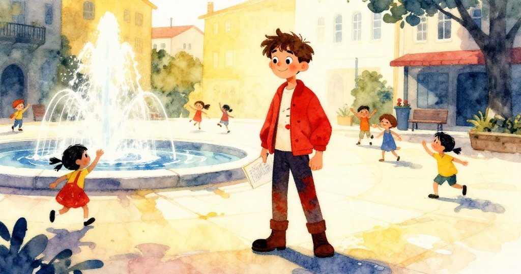 柔和金光灑落在廣場上，米洛與嬉戲孩童共享歡樂時刻，噴泉旁影子交織，呈現溫馨結局。