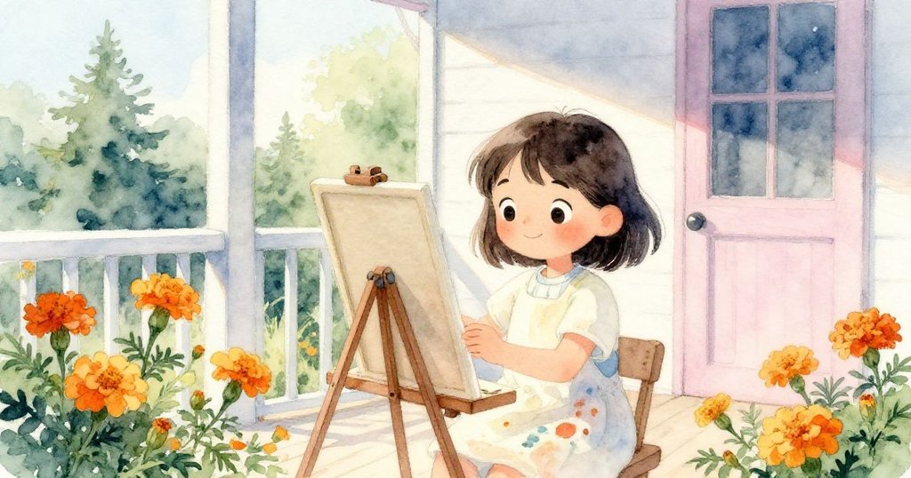 瑪拉在溫馨自家後廊上調整畫架，金盞花在旁鋪陳，陽光灑下，心情平靜開始創作。