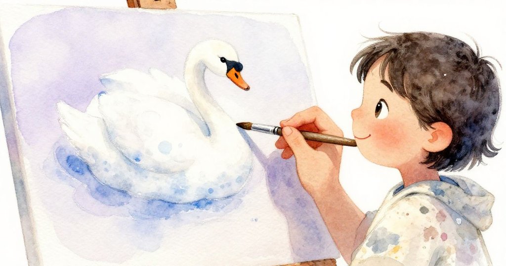 瑪拉用淺藍色顏料和畫筆，在畫布上細緻勾勒天鵝形狀的雲朵，神情專注充滿期待。