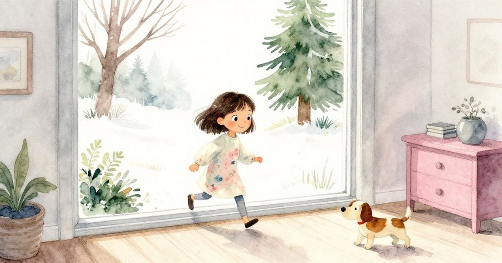 瑪拉轉身走向室內，大窗映出變幻天際，畫架與嬉戲小狗互動，神情中帶著溫柔驚喜。