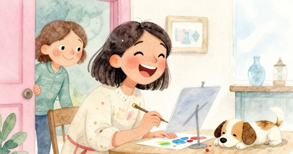 瑪拉快樂地調整畫作，與透過敞開門探望的鄰居共享溫馨時刻，小狗靜臥旁邊，洋溢喜悅。