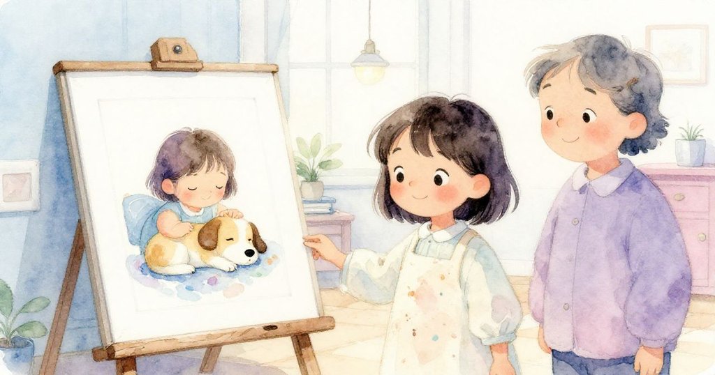 室內全景中，完成的畫作與沉睡小狗完美呼應，瑪拉與鄰居靜賞作品，展現出和諧安詳的結局。