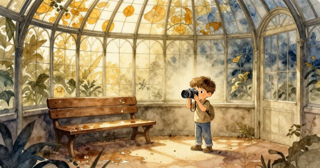 Milo站在老植物溫室中，背負相機包，望著透過玻璃灑下的琥珀色光芒，展現出期待與探索的心情。