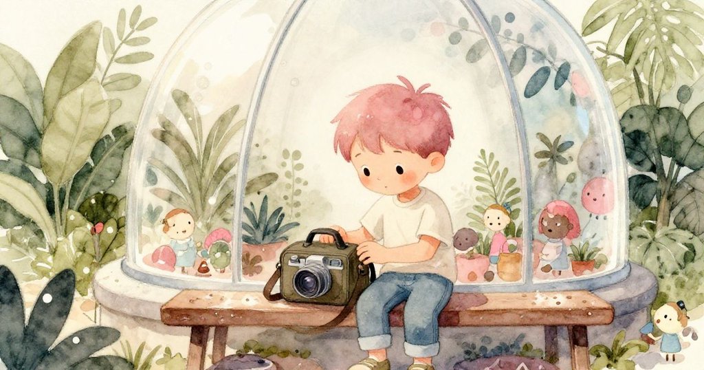 Milo輕觸相機包，透過玻璃投射出的柔和彩光，呈現出期待與沉靜的情緒，溫室環境充滿故事感。