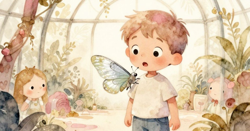 在溫室柔光中，Milo驚訝地凝視著停在衣領上、展翅閃光的飛蛾，心情既驚奇又溫暖。