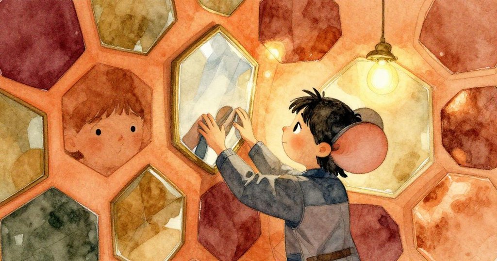 小老鼠低角度觀看凱調整鏡子，天花板上奇妙幾何圖案散發迷人氣息，彼此互動充滿童趣。