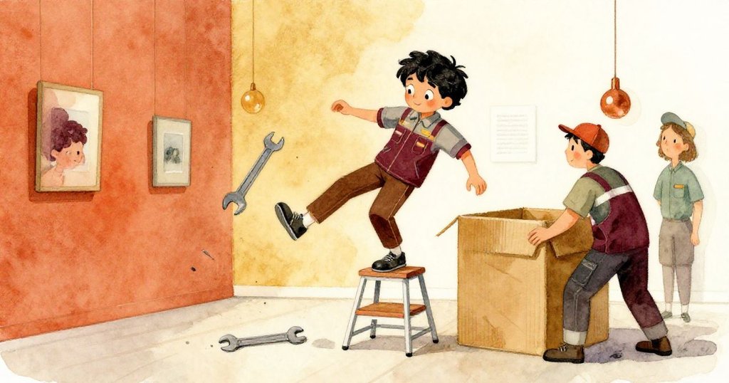 凱在踩踏腳凳時失去平衡，扳手掉落，技術人員迅速利用紙板穩住凳子，眾人神情略顯緊張，場景動感十足。