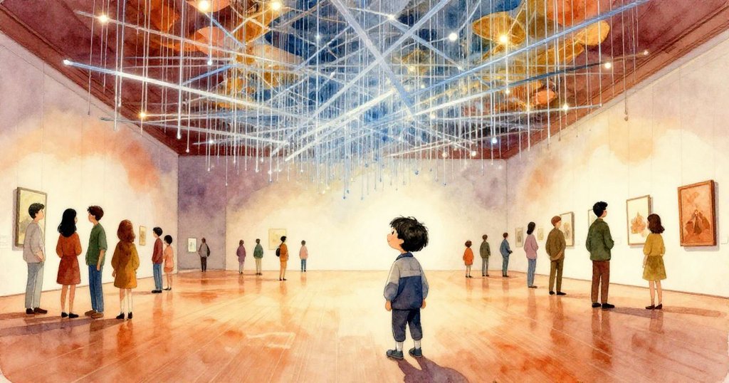 大廳全景中，凱下樓確認地板，觀眾與工作人員靜心欣賞藍銀光網，整體氣氛和諧寧靜，充滿成功解決後的溫馨感。