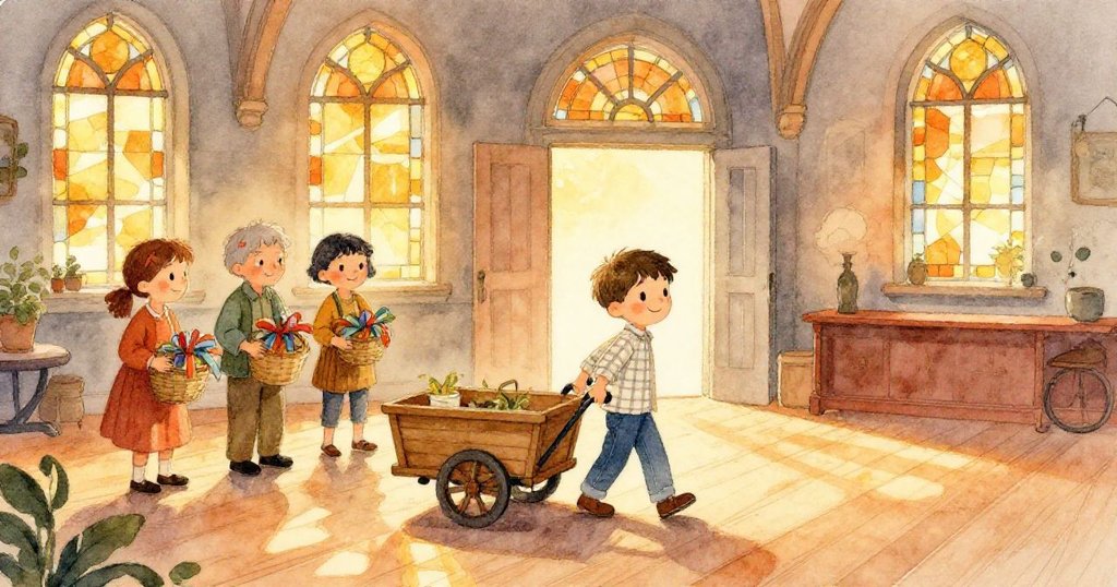 Jonas與鄰居於黎明時分在鎮公所忙碌佈置,柔和光線透過彩色玻璃映出溫暖情緒,大家互助合作。