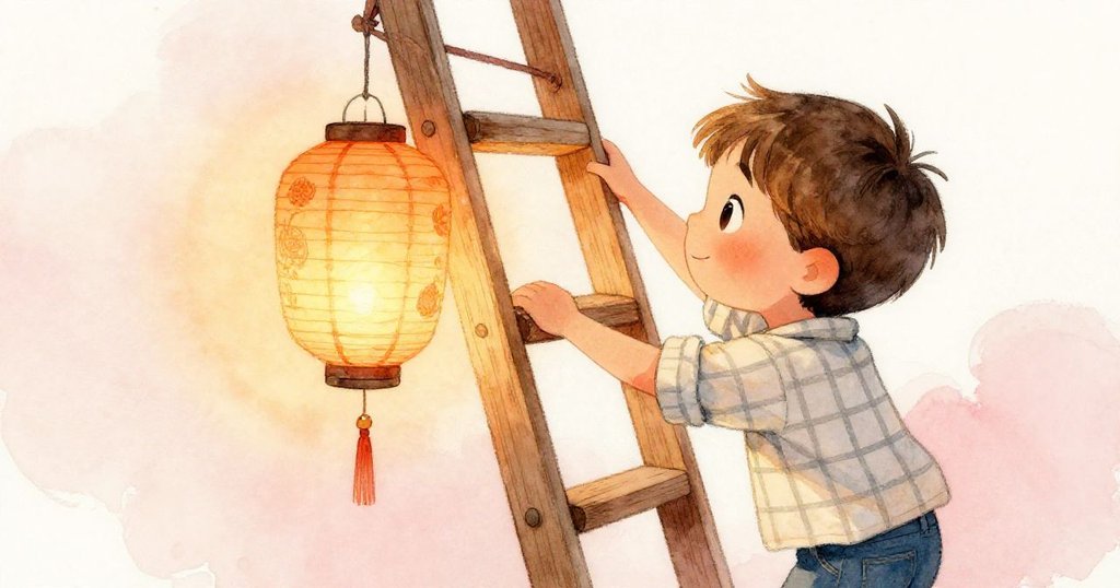 從背後看見Jonas正小心攀爬木梯,表情專注而略帶不安,背後木質地板和晨光交織出溫暖又緊張的氣氛。