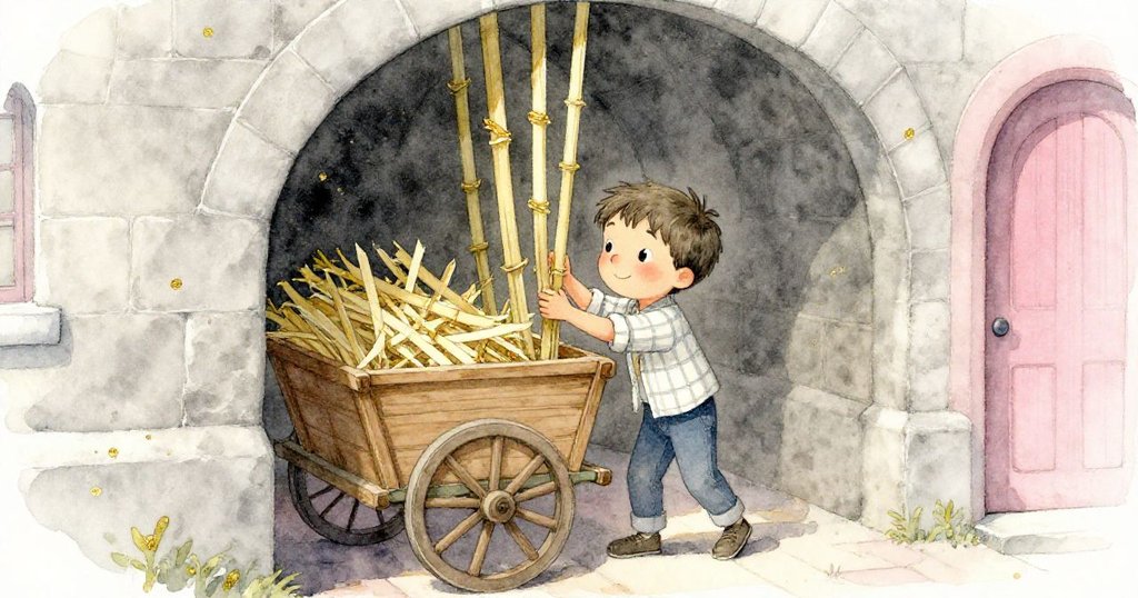 Jonas於隱蔽角落從木推車中取出竹條進行修補,陰影中透出溫暖的晨光,靜謐中蘊含專注與期待。