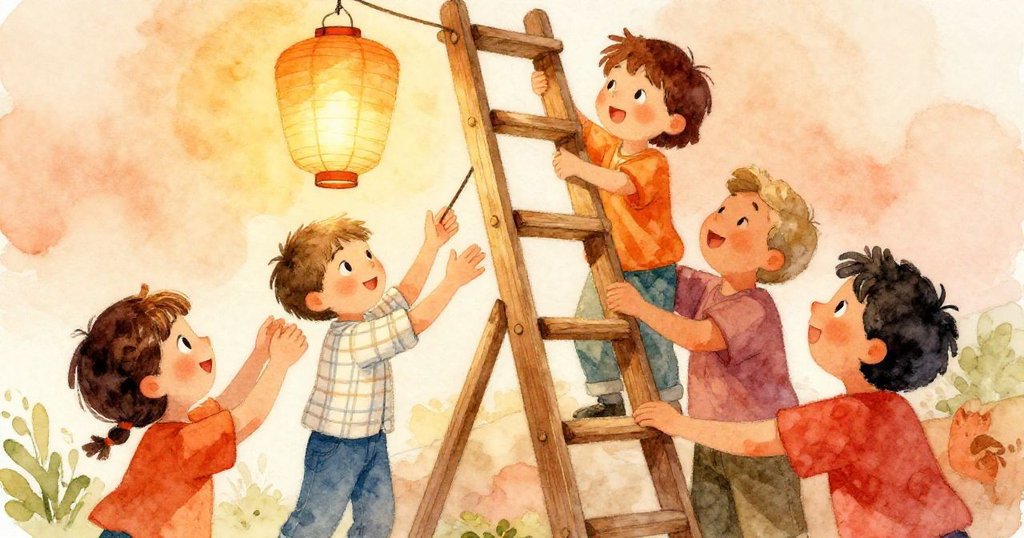 Jonas與鄰居面對受損梯子共同商討修補方案,彼此攜手穩固梯子,溫暖光線映出團結與堅定的神情。