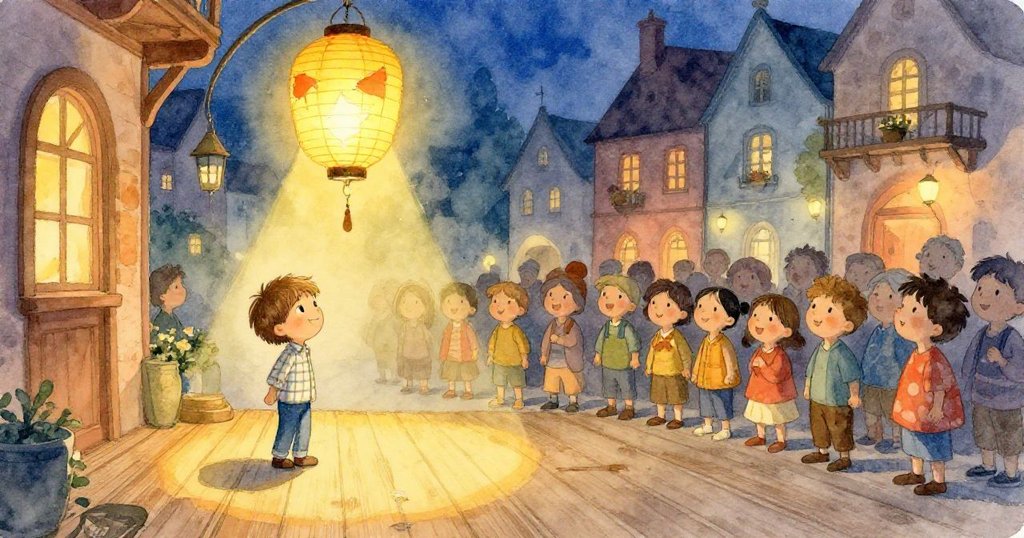 傍晚時分鎮公所內,修補後的紙製燈籠掛於樑上發出五彩光芒,鄰居與Jonas面露驚喜,掌聲中彌漫魔幻與希望的氛圍。