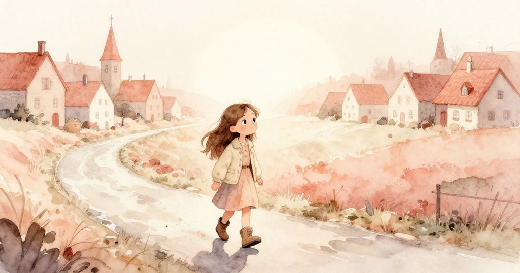 Mira在黎明時踏出村莊，手抱素描本，沿著濕潤小路前行，表情充滿好奇與期待。