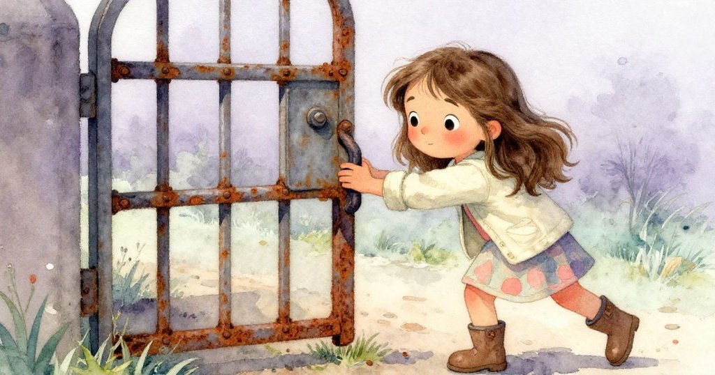 Mira專注推動生鏽的鐵欄杆，手部細節清晰展現，鐵鏽微粒飛散，背景朦朧充滿神秘感。