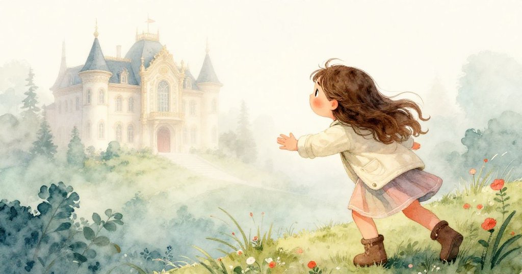 Mira沿著薄霧山坡前行，伸手感受微風，眼中映出閃光的宮邸屋頂轉瞬隱沒，充滿奇幻與迷惘。