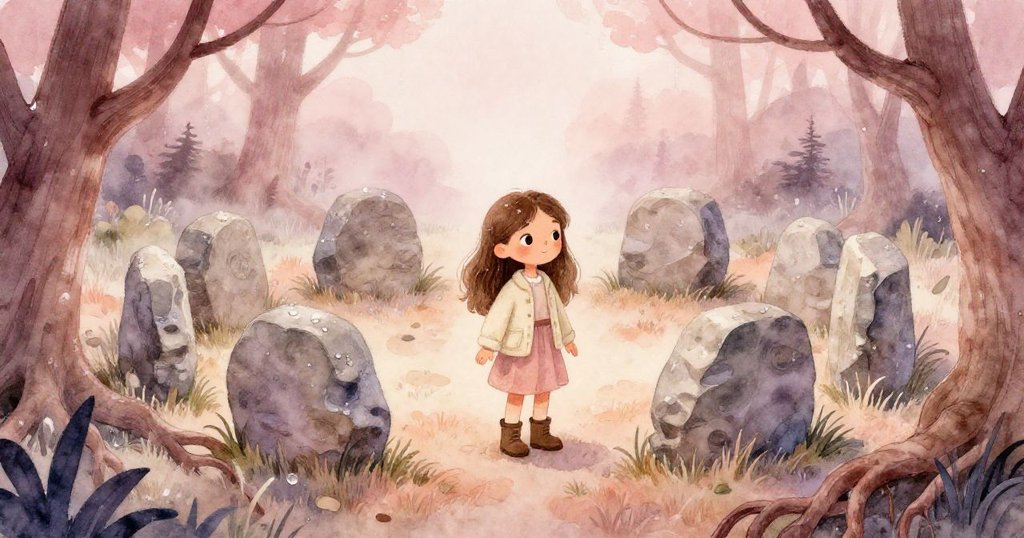 Mira走近古老石圈，周圍草地覆滿露珠與樹根盤結，早晨光線柔和，畫面充滿自然與歷史的氣息。