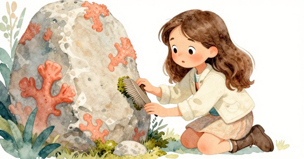 Mira蹲在石旁，輕輕拂去青苔，露出刻痕，臉上流露出敬畏與掙扎，展現與過去連結的情感。