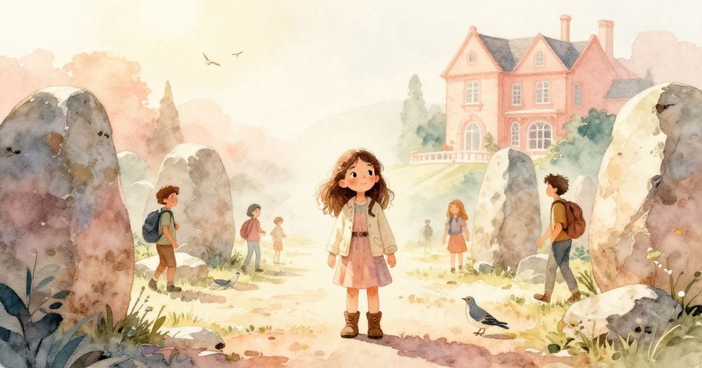 Mira站在石圈中，晨光溫暖照耀，遠處出現行人與飛鳥，展現歷史與現代交融的寧靜重聚。